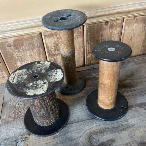 TRIO textile bobbin spools antique vintage decor candle holders - Picture 2 of 4